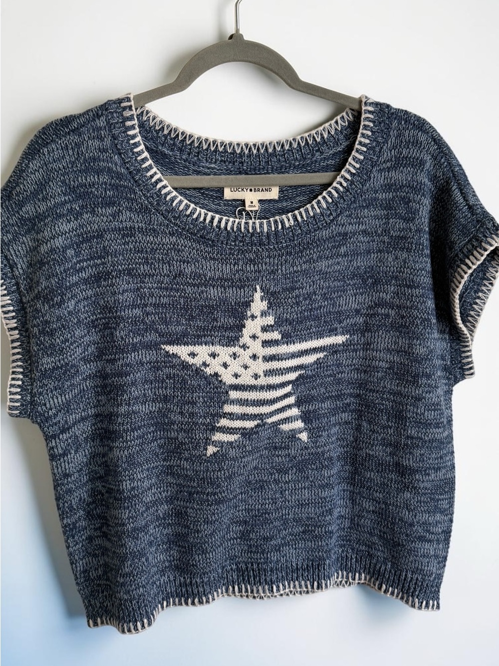 Lucky Brand Navy Knit Short-Sleeve Sweater with Cream Star
